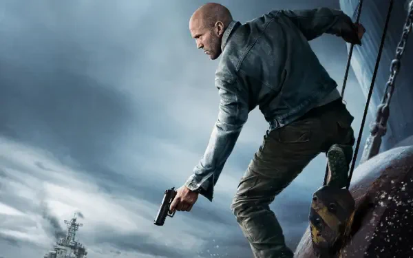 4K Ultra HD PC desktop wallpaper: mutiny on a stormy deck — a bald man in a jacket crouches on a rail with a pistol, warship silhouettes and dark clouds raging behind him.