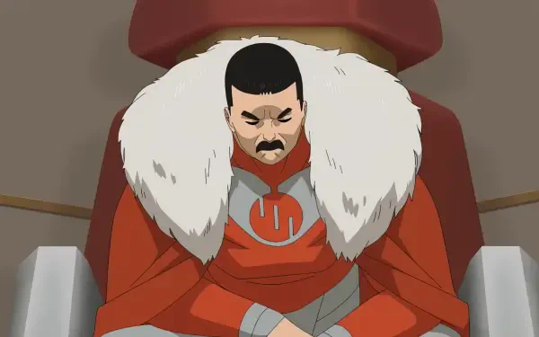 HD PC desktop wallpaper of Thragg from the TV show Invincible, seated on a throne in red armor with a white fur cape, arms crossed and a stern expression.