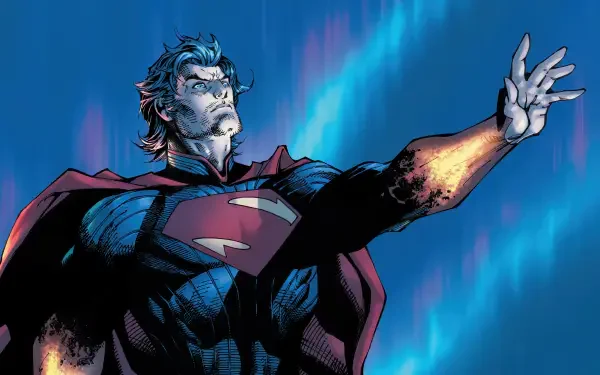 Comic-style Absolute Superman in blue suit, cape flowing, arm outstretched as energy glows around him against a glowing blue 4K Ultra HD PC desktop wallpaper background.