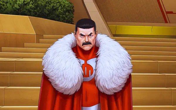 Thragg (Invincible TV Show, Image Comics): stern mustachioed alien warlord in an orange suit and white-fur red cape posed on steps — 5K Ultra HD PC desktop wallpaper