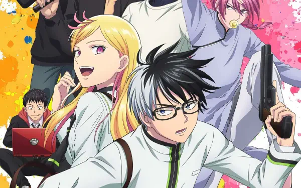 HD PC desktop wallpaper of KILL BLUE anime featuring Juuzou Ougami and Noren Mitsuoka with supporting cast in dynamic poses against a colorful splatter background.