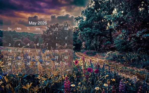 May 2026 calendar overlaid on a 5K Ultra HD PC desktop wallpaper showing a wildflower meadow and forest path under dramatic twilight skies.