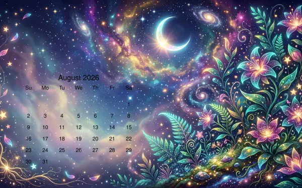 August 2026 calendar on a 5K Ultra HD PC desktop wallpaper and background: colorful cosmic night sky with crescent moon, swirling nebulae and glowing floral vines.