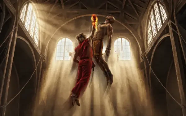 Street Fighter (2026) 5K Ultra HD PC desktop wallpaper and background: two combatants midair in a sunlit cathedral hall, a flaming punch connecting amid dramatic light rays.