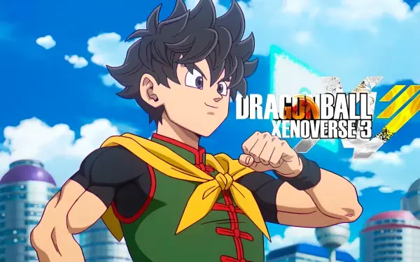 Video game Dragon Ball Xenoverse 3 2K Quad HD PC desktop wallpaper and background: youthful Saiyan in green outfit and yellow scarf strikes a pose before a futuristic city and blue sky.