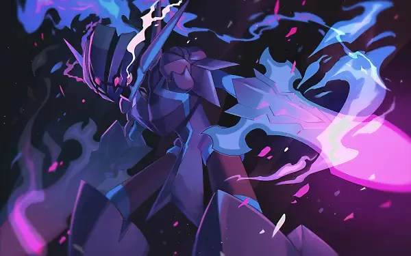 4K Ultra HD anime-style wallpaper of Ceruledge (Pokémon) engulfed in blue-purple ghost flames, striking a dramatic pose against a dark, starry backdrop — PC desktop background.