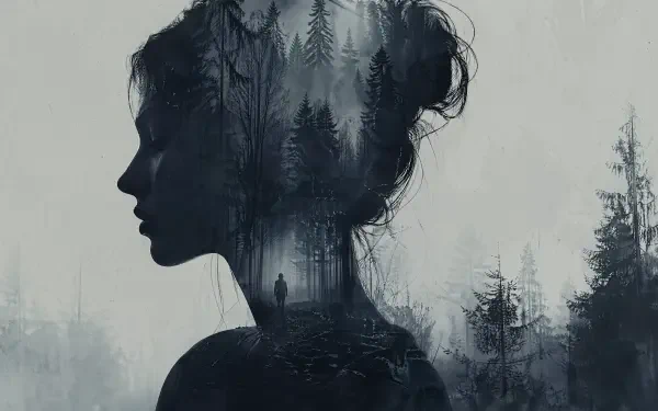 Silhouette of a woman's profile merged with a misty spooky forest and a lone figure on a path — 4K Ultra HD PC desktop wallpaper and background.
