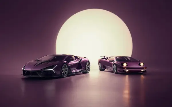 Purple Lamborghini Revuelto and classic Diablo side by side before a glowing moon, 4K Ultra HD PC desktop wallpaper background.