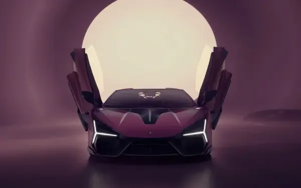 Purple Lamborghini Revuelto with scissor doors open, dramatic studio lighting and circular backdrop — 4K Ultra HD PC desktop wallpaper and background.