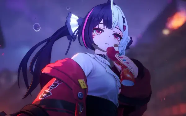 4K Ultra HD PC desktop wallpaper of a video game girl from mobile game Neverness to Everness, a dark-haired, split-mask character sipping a drink amid neon-lit city lights.