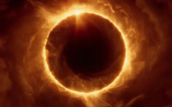 Saros video game HD PC wallpaper: fiery orange ringed eclipse — a black central void surrounded by swirling ember clouds.