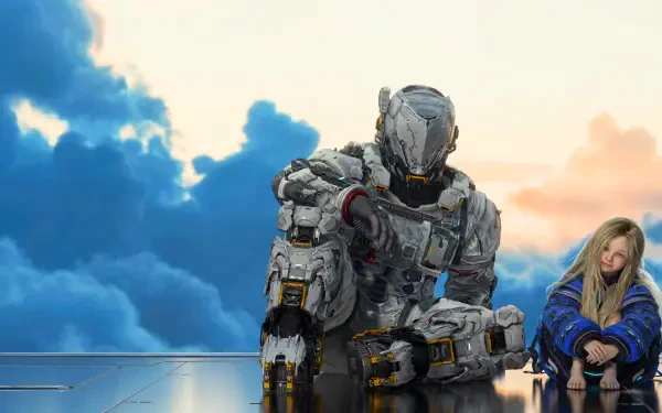 Pragmata 5K Ultra HD PC wallpaper: Capcom's Space Dad in armored suit sits on a platform beside Diana (Pragmata) against a dramatic sky.