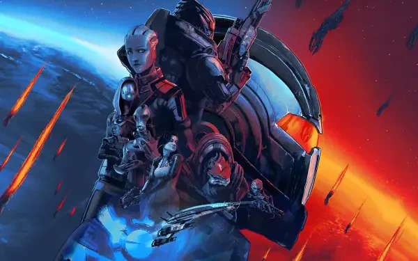 Mass Effect 5 game art 2K Quad HD PC wallpaper showing an armored helmeted soldier and alien ally back-to-back over a blue planet horizon with a fiery red nebula and streaking debris, weapons ready.