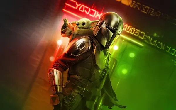 8K Ultra HD PC desktop wallpaper of TV show The Mandalorian: the Mandalorian in beskar armor with Grogu (Star Wars) on his shoulder against a neon-lit corridor backdrop.