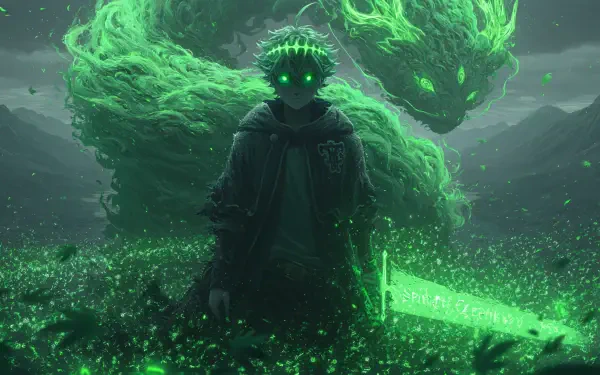 Green-toned Black Clover 2K Quad HD PC desktop wallpaper: Asta in a dark cloak with glowing green eyes and a spectral beast behind him, wielding a luminous green sword.