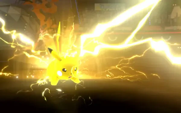 Pikachu crackling with golden lightning in a stadium — vibrant HD PC desktop wallpaper and background from Pokémon Champions.