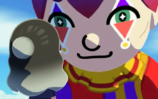 Close-up of a colorful clown-like Mii with star-shaped eyes and face paint waving a gloved hand against a sky, Tomodachi Life, Tomodachi Life: Living the Dream 2K Quad HD PC wallpaper