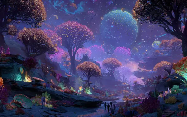 4K Ultra HD PC desktop wallpaper and background: vibrant sci‑fi landscape of bioluminescent trees and crystals, purple‑blue sky with twin planets and tiny silhouetted explorers.