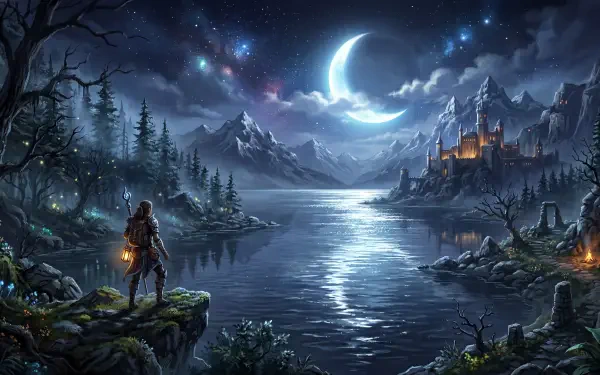 Moonlit lake 5K Ultra HD PC desktop wallpaper and background: lone traveler with lantern on a rocky shore gazes across a reflective moonlit lake toward a distant castle beneath snowy peaks and a star-filled sky.