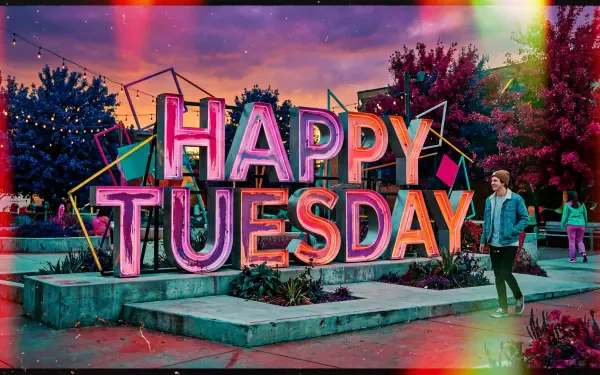 5K Ultra HD PC desktop wallpaper and background showing giant neon HAPPY TUESDAY letters in a vibrant park plaza at sunset with trees and people walking.