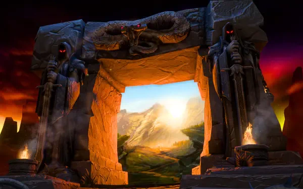 5K Ultra HD PC desktop wallpaper: World of Warcraft fantasy MMORPG portal — a carved stone arch flanked by hooded statues opens onto a sunlit valley and distant mountains.
