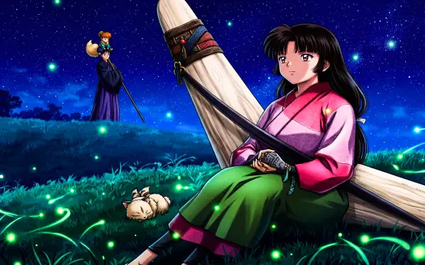 5K Ultra HD PC desktop wallpaper of InuYasha anime: Sango seated against a log at night, Miroku standing distant, Shippō curled on grass beneath a starry, softly glowing field.
