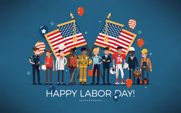 8K Ultra HD PC desktop wallpaper/background: diverse workers gathered with American flags and balloons celebrating the Labor Day holiday in the USA.