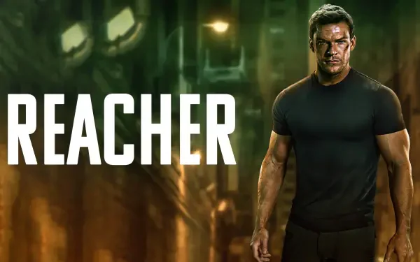 4K Ultra HD PC desktop wallpaper of the TV show Reacher: the muscular series lead in a black shirt standing amid a moody, industrial urban backdrop.