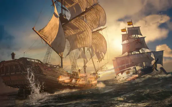 Assassin's Creed Black Flag Resynced 4K Ultra HD PC desktop wallpaper: dramatic Sea War with pirate ships exchanging cannon fire amid stormy seas.