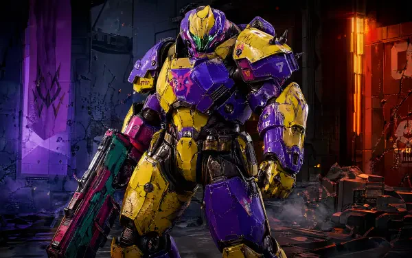 Power Armor warrior in battered yellow-and-purple plating, wielding a heavy rifle amid a neon-lit ruin — 4K Ultra HD PC desktop wallpaper and background