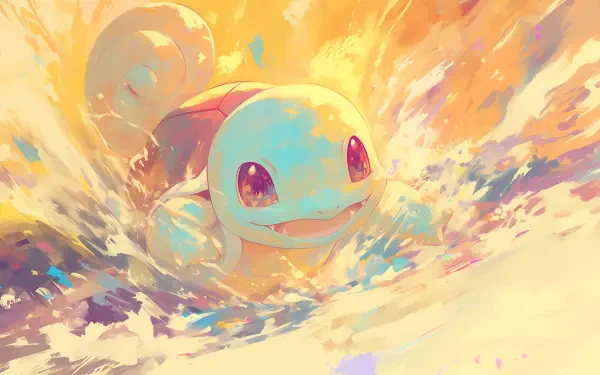 Squirtle (Pokémon) anime-style splashing through bright, painterly water; vibrant colors and dynamic brushstrokes. 2K Quad HD PC desktop wallpaper background.
