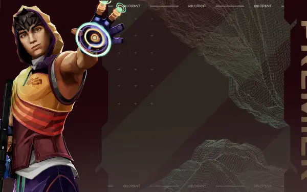 Valorant agent Miks in a colorful hoodie aims an energy ring at the viewer, left foreground; dark maroon HD PC desktop wallpaper with wireframe terrain and HUD elements on the right.