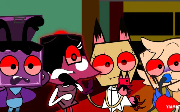 Vibrant 4K Ultra HD PC desktop wallpaper background from the survival game Dandy's World: four stylized characters with wide red eyes and bold colors crowded in a tense, cartoon interior.