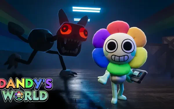 HD PC desktop wallpaper for horror game Dandy's World: cheerful rainbow-petaled flower character grins in front of a snarling shadow beast with glowing red eyes in a neon-lit room.