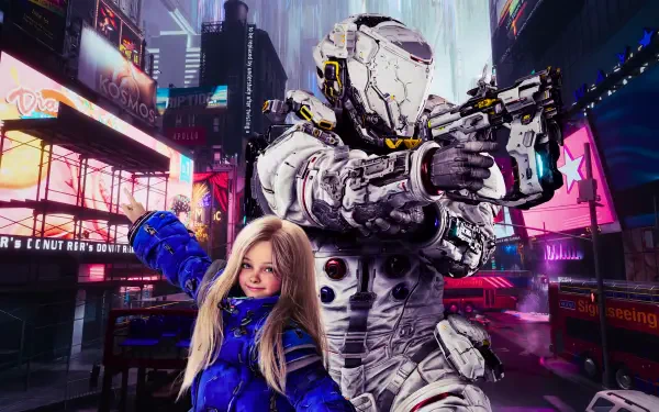 5K Ultra HD PC wallpaper from Capcom's video game Pragmata: armored Space Dad aims a rifle beside Diana in a blue coat, neon cyberpunk city streets at night.