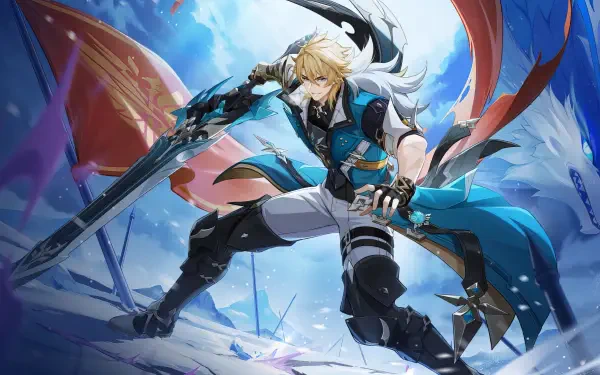 4K Ultra HD PC wallpaper of Varka from the video game Genshin Impact — blonde warrior in blue armor wielding a broadsword amid icy, wind-blown battlefield.