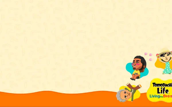 Tomodachi Life — Tomodachi Life: Living the Dream HD PC desktop wallpaper/background: cream field with orange wave at bottom and three colorful Mii characters beside the game logo.
