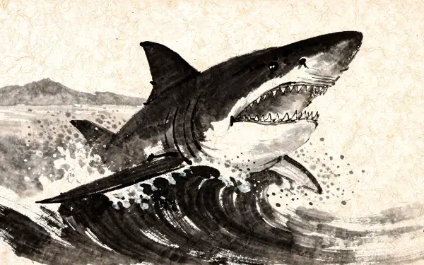 Monochrome ink-style Megalodon breaching stormy waves with a distant coastline — 4K Ultra HD PC desktop wallpaper and background.