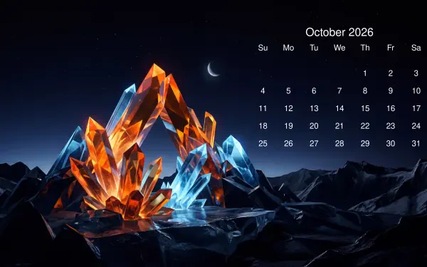 October 2026 calendar over a 5K Ultra HD PC desktop wallpaper showing glowing orange and blue crystal formations on a dark rocky landscape beneath a crescent moon.