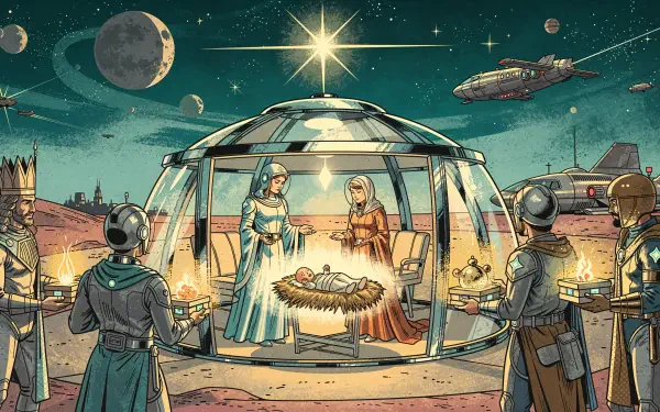 Futuristic nativity scene 4K Ultra HD PC desktop wallpaper and background: Mary, Joseph and infant in a glass dome on an alien landscape beneath a bright star, with astronauts and starships.