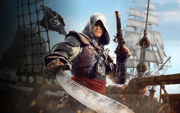Assassin's Creed Black Flag Resynced 4K Ultra HD PC desktop wallpaper — hooded pirate assassin with pistol and cutlass standing on a sailing ship beneath full sails and a Jolly Roger.