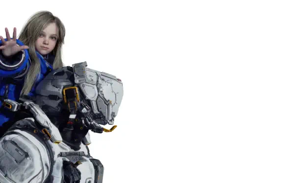 Pragmata 4K Ultra HD PC desktop wallpaper: young woman in futuristic white mech armor reaching out on a clean white background.