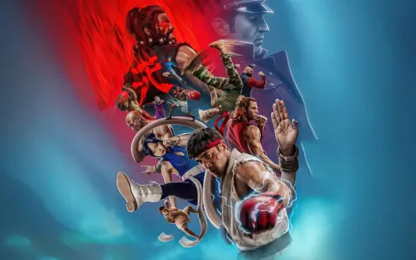Street Fighter (2026) 5K Ultra HD PC desktop wallpaper: multiple fighters in dynamic action poses against a dramatic red and blue gradient.