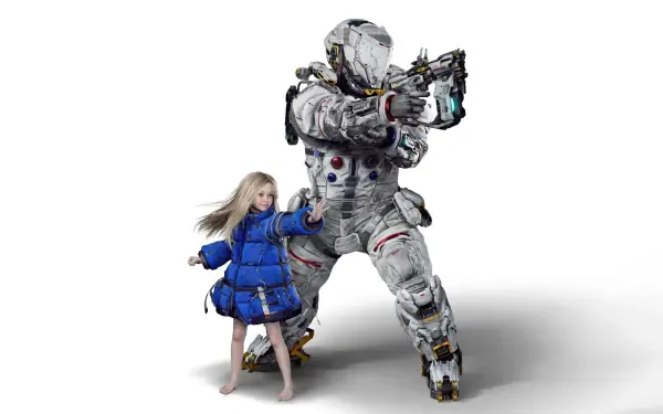 Pragmata 4K Ultra HD PC desktop wallpaper: armored astronaut aiming a gun beside a barefoot girl in a blue coat on a stark white background.