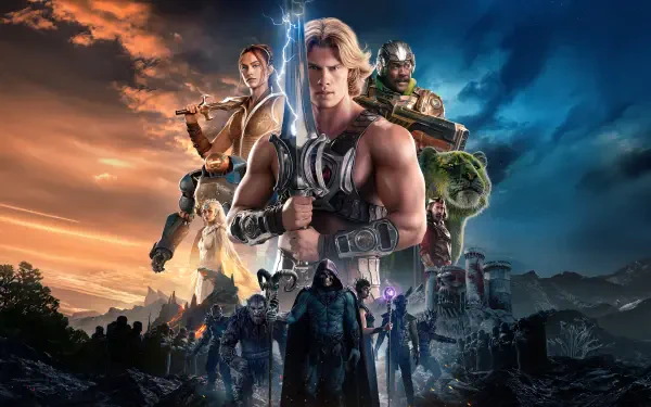 5K Ultra HD PC desktop wallpaper of Masters of the Universe (2026): central muscular hero with a glowing sword, flanked by allies and armored villains against a dramatic stormy sunset sky.