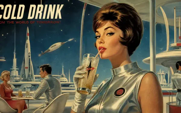 Retro-futuristic woman sipping a cold drink in a sleek space lounge — 4K Ultra HD PC desktop wallpaper and background with rockets and mid-century sci‑fi style.