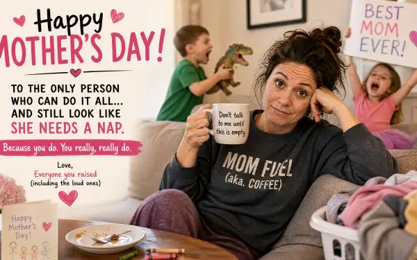 Mother's Day 4K Ultra HD PC desktop wallpaper: tired mom in MOM FUEL (aka, COFFEE) shirt holds a mug while kids play, alongside a pink Happy Mother's Day greeting with hearts and a cheeky message.