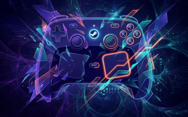 Neon-lit Steam controller and gamepad silhouette amid electric circuits and energy streaks — 5K Ultra HD PC desktop wallpaper/background.
