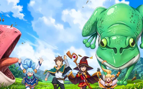 5K Ultra HD desktop wallpaper from KonoSuba - God’s blessing on this wonderful world!! featuring Kazuma Satou, Megumin and Aqua in a bright field with a giant frog and monsters.