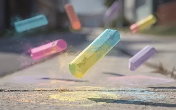 Vivid 4K Ultra HD PC desktop wallpaper and background showing colorful sidewalk chalk sticks suspended mid-air above a sunlit concrete sidewalk with chalk dust and faint drawings.